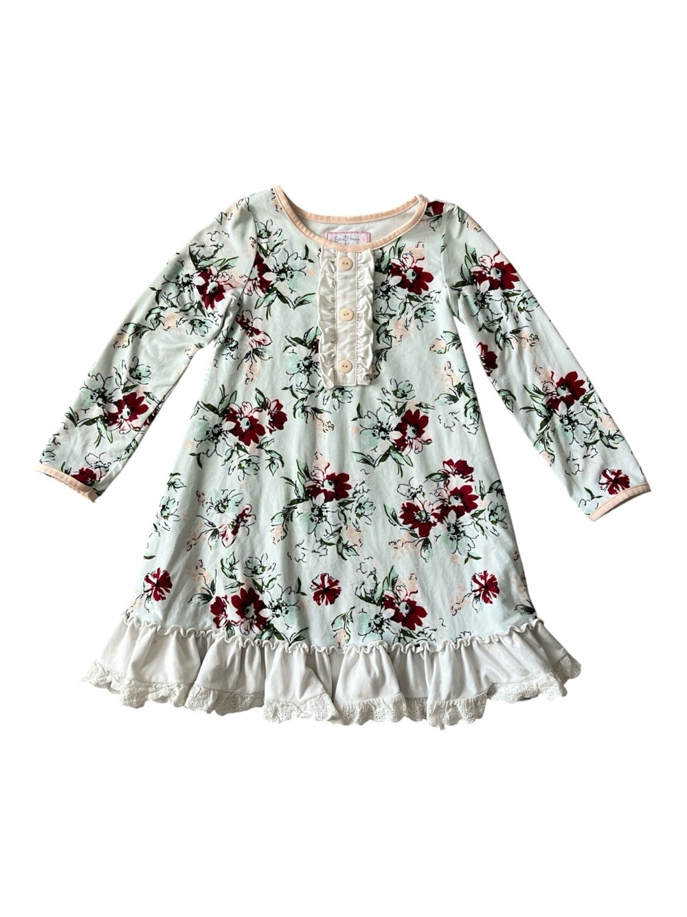 SweetHoney Kids Long Sleeve Floral Nightgown - Mint with Red Flowers Size 6